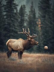 A Photo of an Elk Playing with a Ball in Nature