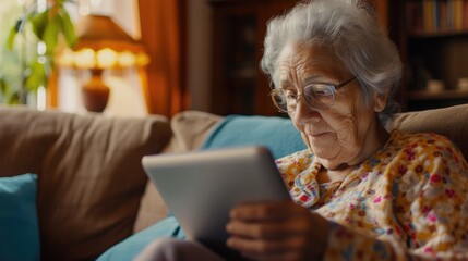 Senior woman using digital tablet at home. The use of technology by the elderly.