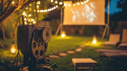 Summer cinema with retro projector in the garden - obrazy, fototapety, plakaty