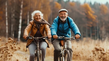 Two happy old mature people enjoying and riding bikes together to be fit and healthy outdoors.