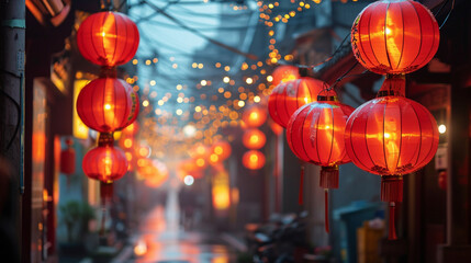 Obraz na płótnie Canvas Traditional red lanterns adorning a vibrant street, forming a dynamic and festive scene suitable for conveying New Year joy