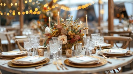 Wedding decorations. Served wedding table with golden plates, golden chairs, napkins, decorative fresh and dried flowers