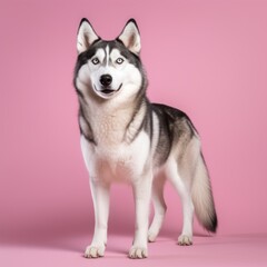 Professional Full Length Husky Dog on Pink Background AI Generated