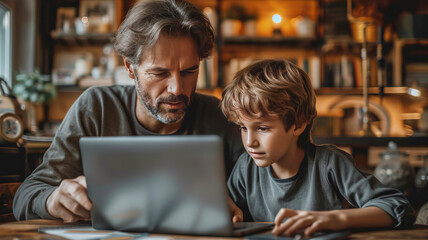 Obraz na płótnie Canvas Father and son doing homework with laptop at home. generative ai
