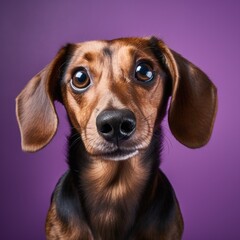 Impressed Dachshund Dog Looking at Camera on Purple Background AI Generated