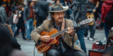 Authentic and candid photo of a street musician immersed in his performance, in a crowded city square.