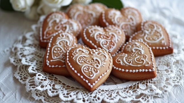 Glazed heart-shaped cookies with intricate icing designs generative ai