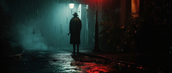 Cinematic and film-inspired scene of a detective in a raincoat under a street lamp, with a moody, noir atmosphere.