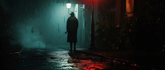 Cinematic and film-inspired scene of a detective in a raincoat under a street lamp, with a moody, noir atmosphere. © EOL STUDIOS