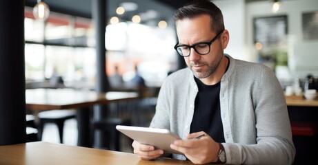 Social media manager analyzing metrics on a tablet in a lively cafe, blending focus with ambient energy