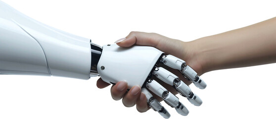 A Robot mechanical hand shaking a human hand isolated on a transparent background