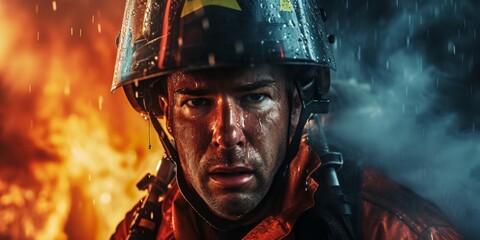 Cinematic-style portrait of a firefighter in action, with dramatic lighting emphasizing the intensity.