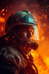Obraz na płótnie Canvas Cinematic-style portrait of a firefighter in action, with dramatic lighting emphasizing the intensity.