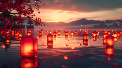 Traditional Chinese New Year lanterns floating on water, creating a dynamic and serene scene perfect for conveying New Year blessings