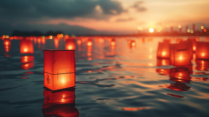 Traditional Chinese New Year lanterns floating on water, creating a dynamic and serene scene perfect for conveying New Year blessings