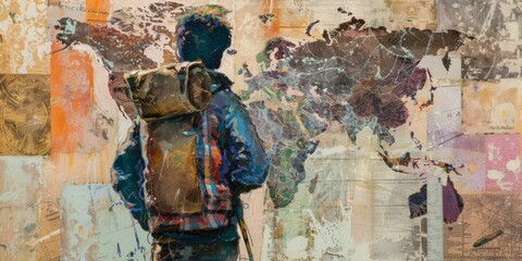 Collage and mixed media image of a traveler with a map, incorporating various textures and patterns.