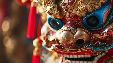 Fototapeta premium A close-up of a traditional Chinese New Year mask with intricate details, creating a dynamic and visually captivating scene with space for celebratory text