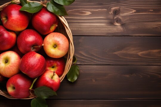 Ripe Garden Apple Fruits in Basket on Wooden Table - Top View Flat Lay with Copy Space AI Generated