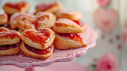 Glazed heart-shaped pastries filled with strawberry jam generative ai