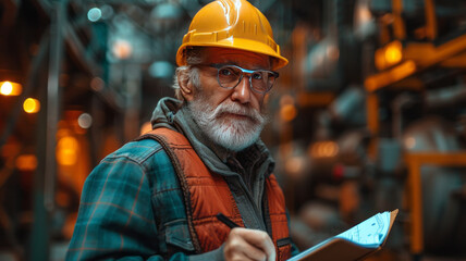 senior businessman architect wearing a protective helmet writing in a notebook and holding a blueprint on the construction site. generative ai
