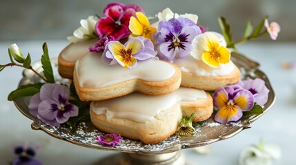 Obraz na płótnie Canvas Glazed heart cookies adorned with edible flowers generative ai