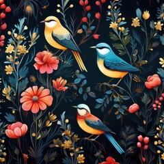 Fototapeta na wymiar A seamless pattern with birds and flowers