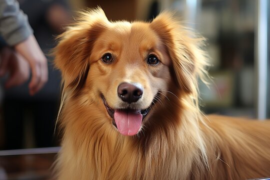 A beautiful purebred dog looking directly into the camera lens, close-up portrait