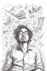 Hand-drawn sketch style portrait of a scientist surrounded by floating books and formulas.