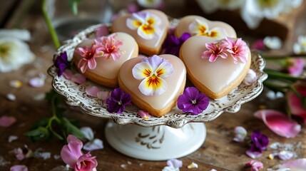 Obraz na płótnie Canvas Glazed heart cookies adorned with edible flowers generative ai
