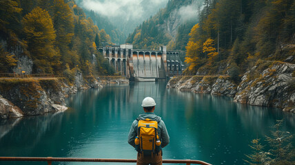 A dam engineering doing his checking routine. He is wearing a white hard hat and yellow transparent vest. He is standing by the rail by the dam. generative ai. - obrazy, fototapety, plakaty