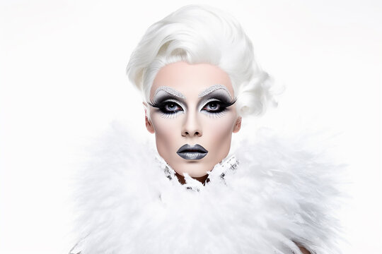Stylized portrait of a drag queen person with dramatic white hair and make up