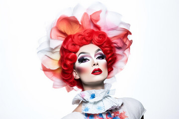 Vibrant portrait of a person with flamboyant red hair and makeup wearing a floral adornment.