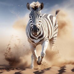 zebra running in sand against blue sky with clouds. 3d illustration