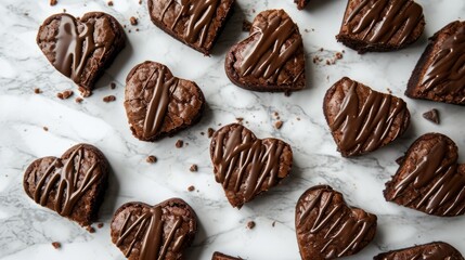 Heart shaped brownies drizzled with chocolate,on a marble countertop for a sweet celebration generative ai