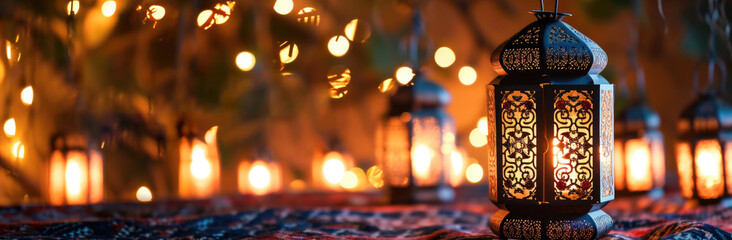Arabic lanterns with burning candles at night, Ramadan Kareem background