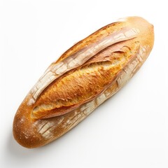 Freshly baked baguette isolated on white background. Top view.