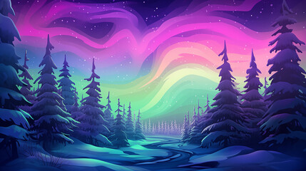 Abstract painting of snowy landscape and aurora, colorful cartoon, photo-realistic landscapes