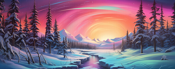 Abstract painting of snowy landscape and aurora, colorful cartoon, photo-realistic landscapes
