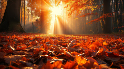 Autumn forest with a carpet of fallen leaves, sun rays piercing through trees