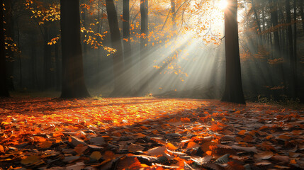Autumn forest with a carpet of fallen leaves, sun rays piercing through trees