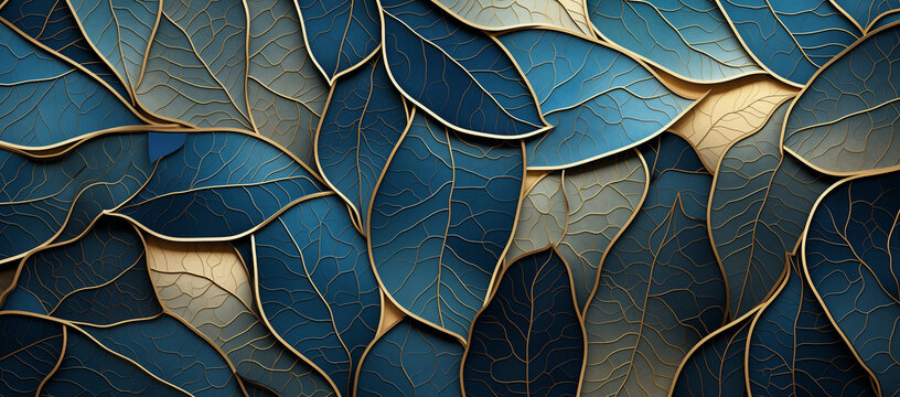 Abstract blue gold leaf pattern marble texture background