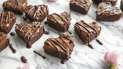 Heart shaped brownies drizzled with chocolate,on a marble countertop for a sweet celebration generative ai