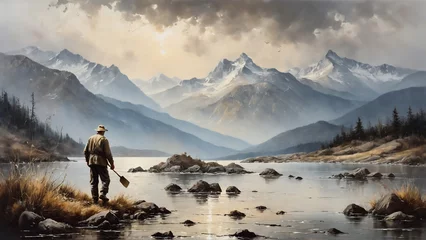 Photo sur Plexiglas Gris oil painting, fisherman , beautiful landscape, printable art, picture to print on the wall