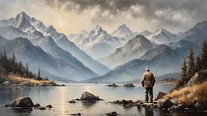oil painting, fisherman , beautiful landscape, printable art, picture to print on the wall