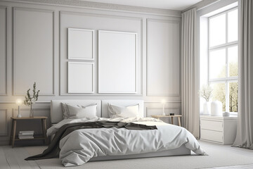 Interior wall multiple frame mockup with luxury white decor in modern living room, entry hall. Generative AI.
