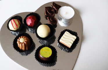 chocolate candies and gift box. set of gift cards with roses