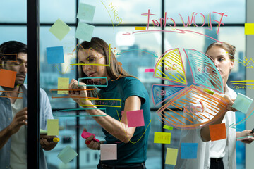 Smart business team working together, brainstorming idea at glass wall. Group of businesspeople corporate working, planing, thinking, sharing business plan while writing on glass wall. Tracery.