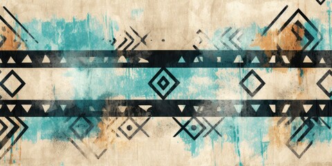 Turquoise, blush, and mustard seamless African pattern, tribal motifs grunge texture