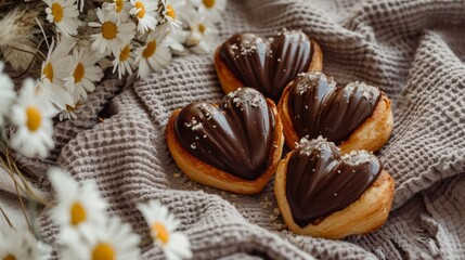 Heart-shaped eclairs with chocolate ganache on a cloth generative ai