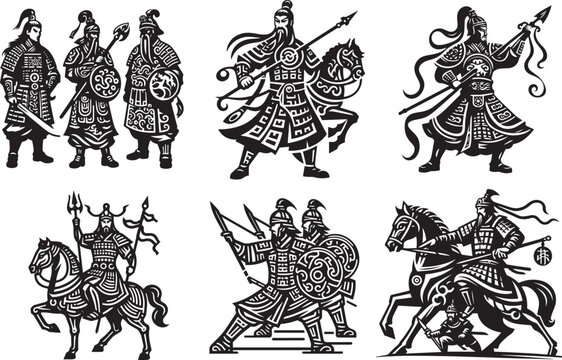 chinese warriors vector black and white set